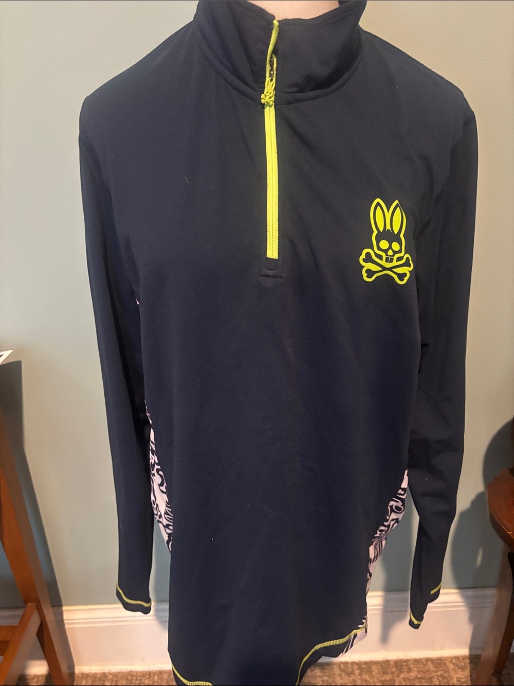 Psycho Bunny Navy Long-Sleeve Top with Neon Yellow Trim